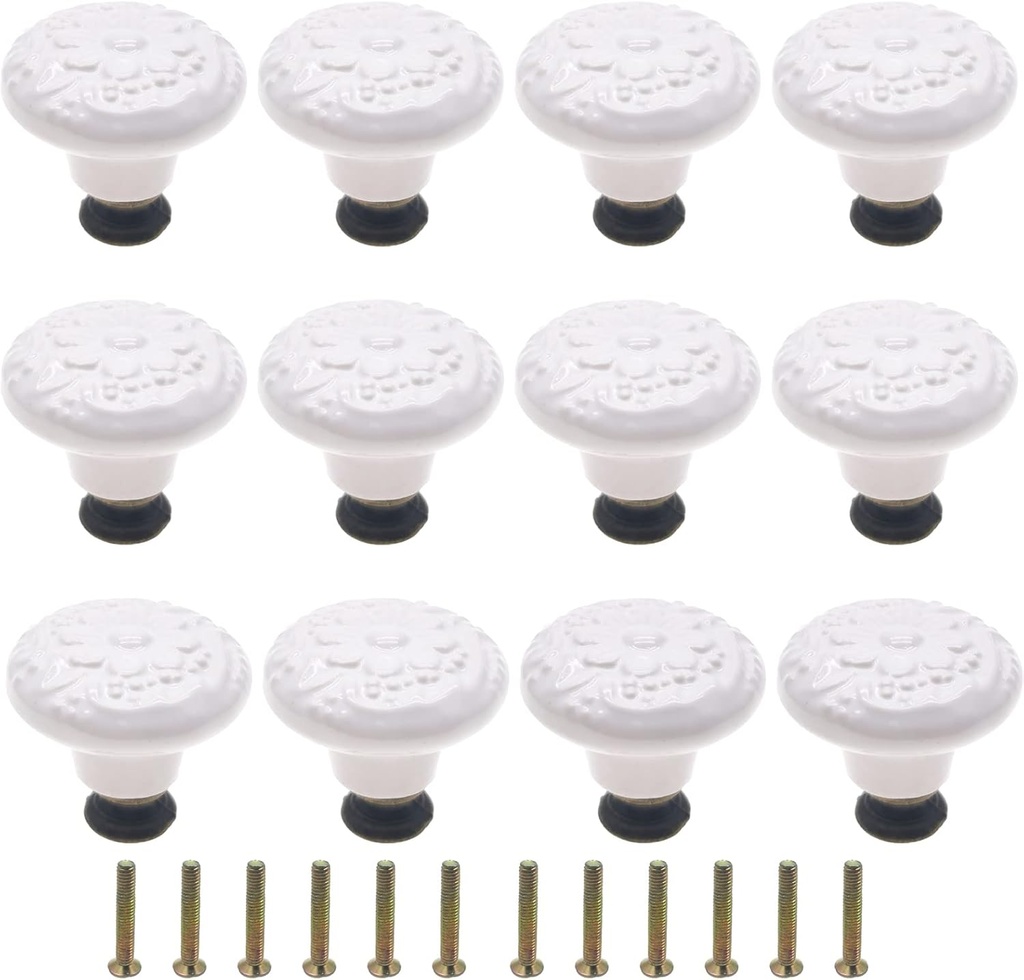 12Pcs White Ceramic Cabinet Knobs Floral Dresser Drawer Knobs with Mounting Screws, 1.34in Diameter