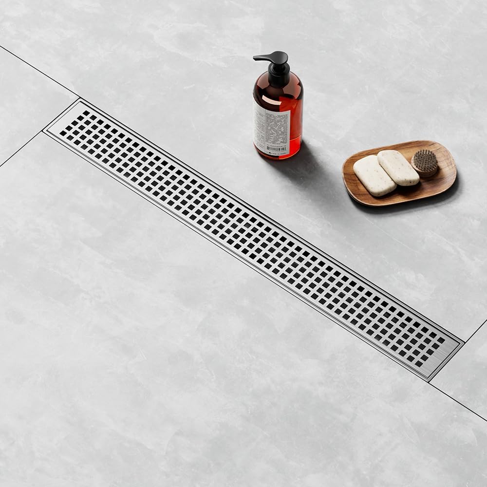 Linear Shower Drain 12 Inch, Brushed AISI 304 Stainless Steel Shower Drain with Square Hole Panel, for Bathroom, Kitchen, Garage & More