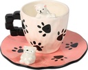 Cute Ceramic Coffee Mug, Handmade Polar Bear Tea Cups and Saucers for Women Tea Party, Latte Milk Cappuccino 8OZ (Pink Paw Prints)