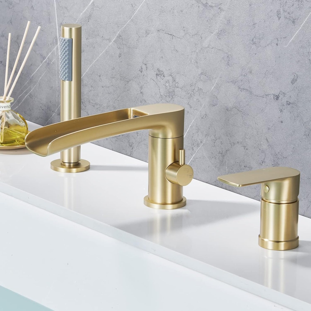 DASAN Roman Bathtub Faucet Set with Handheld Shower Sprayer Deck Mount 3-Hole Tub Filler Faucet Set, Brushed Gold Waterfall Roman Tub Faucet with Valve Included, DA-TF09WH-BG