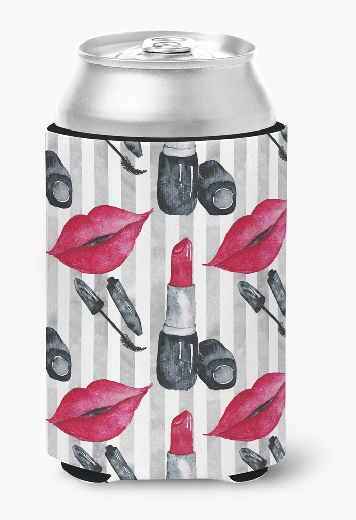 Caroline's Treasures BB7512CC Watercolor Lipstick and Grey Stripes Can or Bottle Hugger Cooler Washable Drink Sleeve Collapsible Beverage Insulated Holder, Can Hugger, Multicolor
