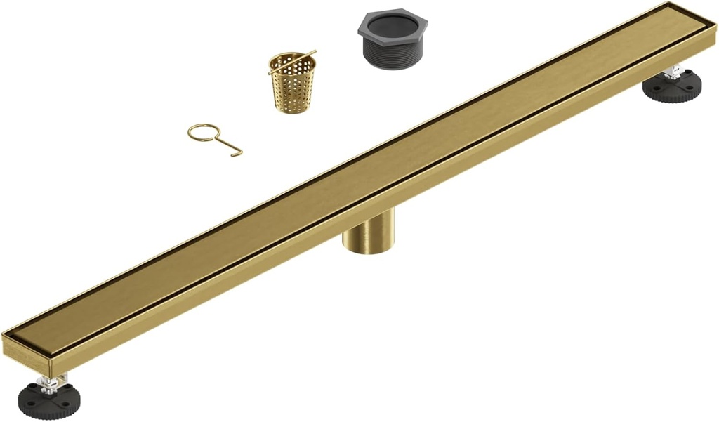 36-Inch Linear Shower Floor Drain, Stainless Steel Bathroom Floor Drains, Rectangular Shower Trench Floor Drain, Hair Strainer, Brushed Gold