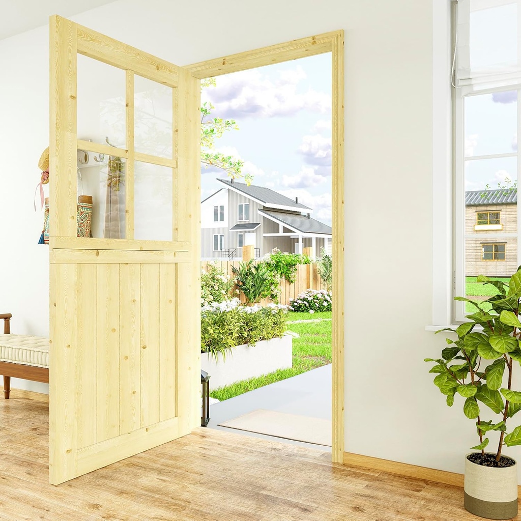 36 in x 80 in Exterior Dutch Door (Front/Back) - 1.75" Thick Solid Pine Interior Door, 4 Lite Clear Glass with Half Panel, Slab (Coffee Room/Kitchen/Entryway) w/4 Hinges + Latch + Slab