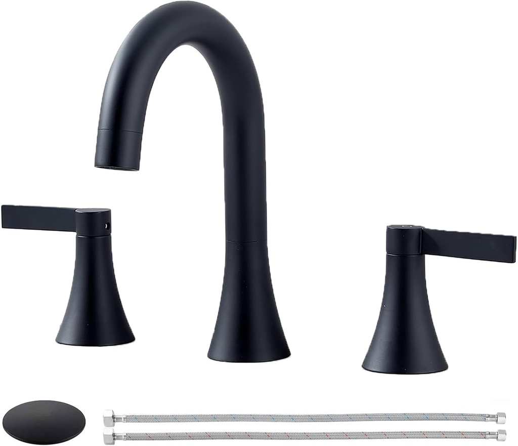 VAPSINT Matte Black Bathroom Faucet 3 Hole, 8 Inch Widespread Bathroom Sink Faucet with Pop-Up Drain and Supply Lines, Commercial 2 Handle Stainless Steel Black Vanity Faucets