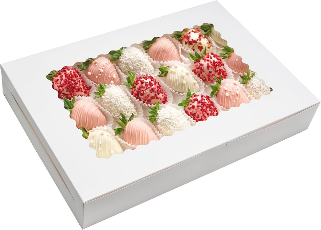 5 Pack Cookie Boxes 16x11x2.5inch Bakery Boxes with Window Treat Boxes for Cookie Packaging Gift Giving Dessert Boxes for Chocolate Covered Strawberries, Donuts, Cocoa Bombs (White)