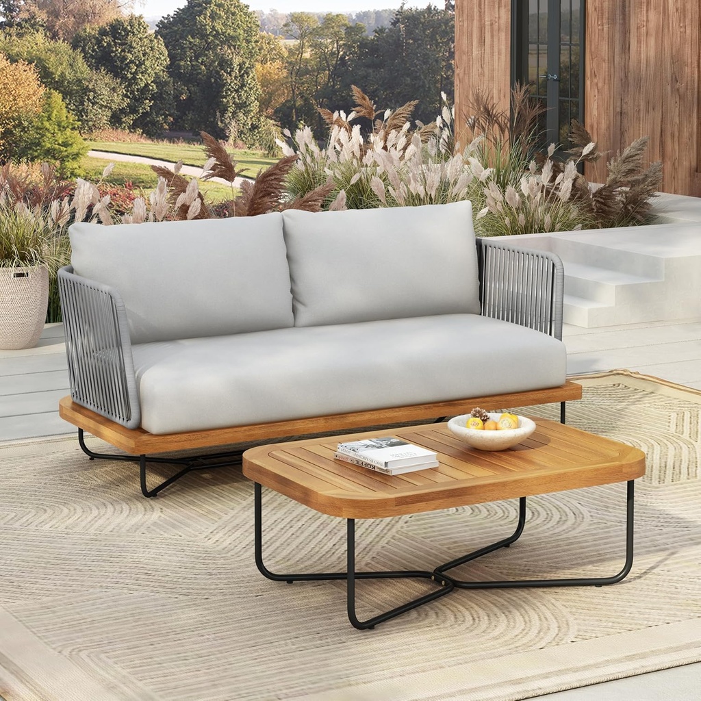 Christopher Knight Home Elly Acacia Wood Outdoor Loveseat and Coffee Table Set, 2 Piece Patio Furniture Set with Metal Frame, Outdoor Conversation Set with Cushion for Balcony/Backyard, Teak+Grey