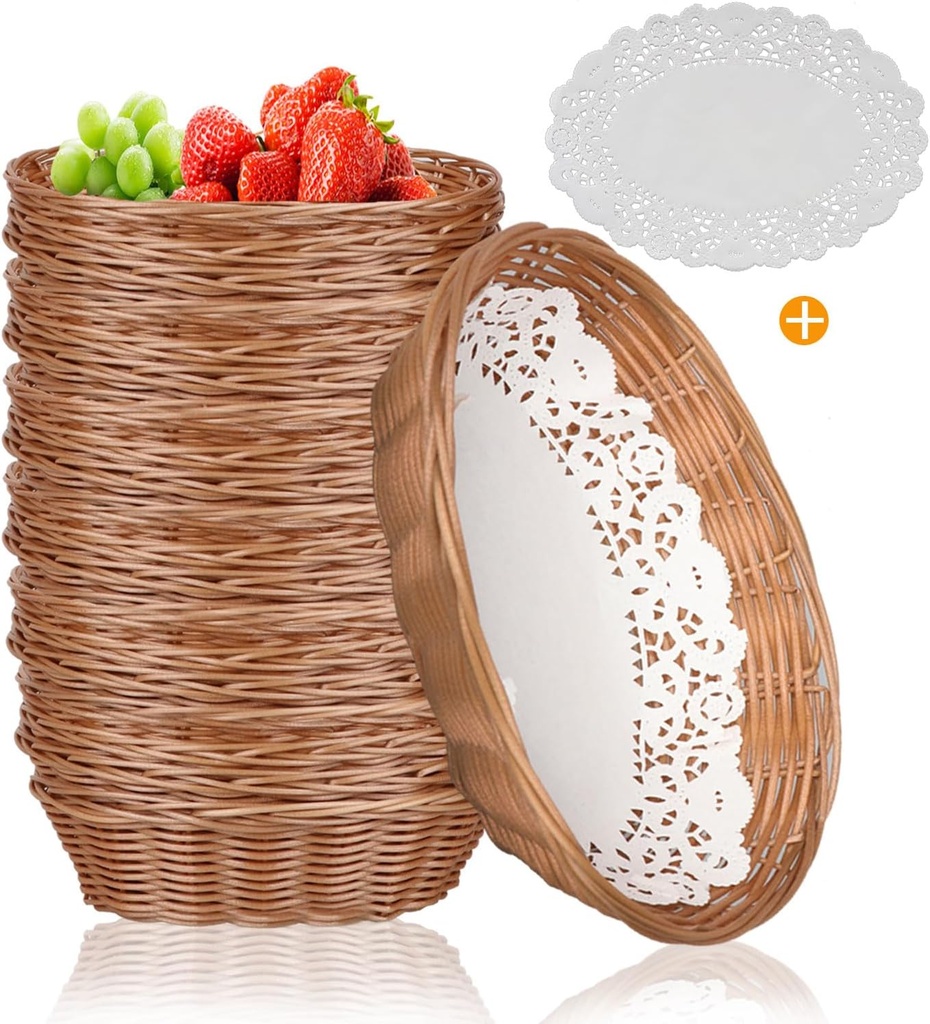 12 Pcs Oval Small Plastic Bread Basket, Wicker Basket for Serving 2.36x9x6.7 Inch Woven Food Storage Basket, Fruit Basket, Gift Basket (Comes with Food Blotting Sheets) Brown