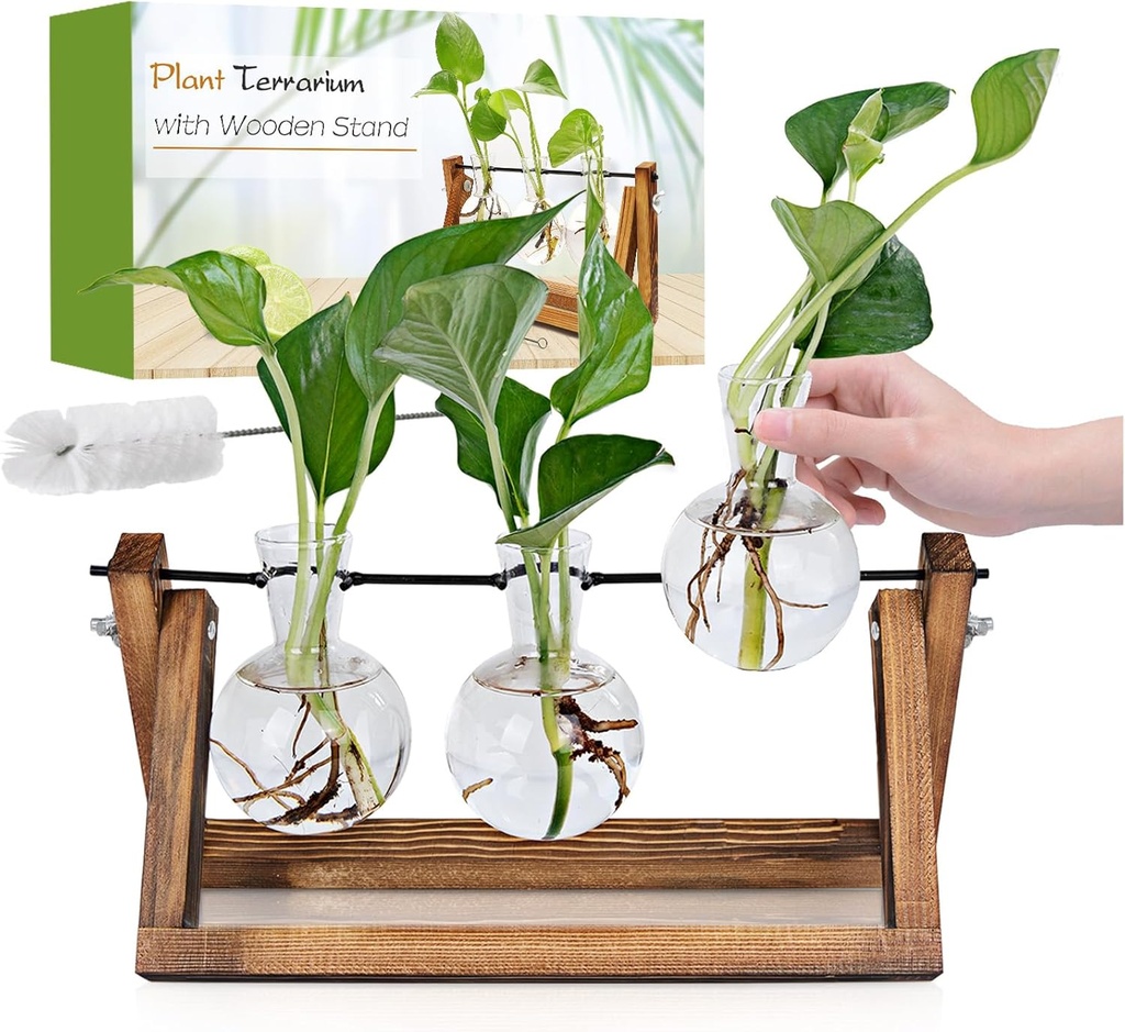 Plant Propagation Station, Plant Terrarium with Wooden Stand, Unique Gardening Birthday Gifts for Women Plants Lovers, Home Office Garden Decor Planter - 3 Bulb Glass Vases