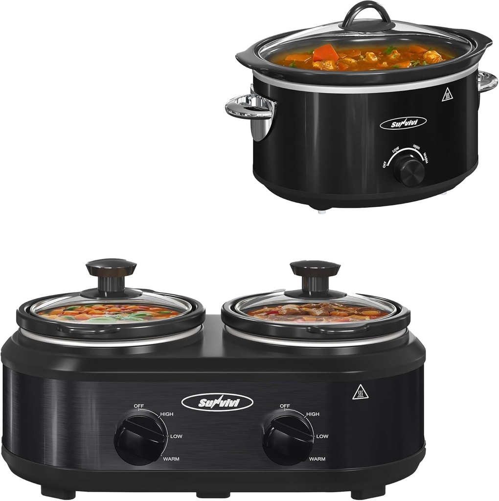 Sunvivi Slow Cooker, 4-Quart and 2 Pot Small Mini CrockSmall Crock with 3 Heating Settings & Removable Ceramic Pot, Mini Food Warmer with Dishwasher Safe Glass Lid & Crock, Stainless Steel, Black