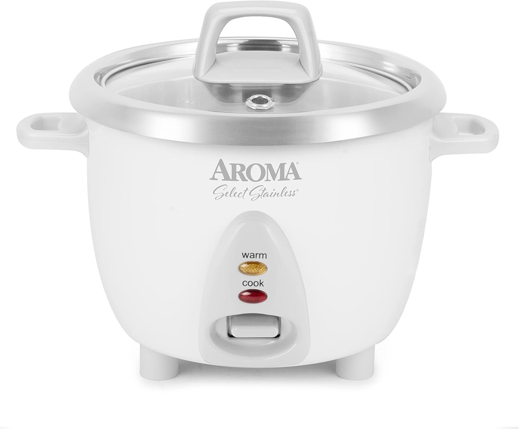 AROMA® Select Stainless® Rice Cooker, 3-Cup (Uncooked) / 6-Cup (Cooked), Stainless Steel Inner Pot, Small Rice Cooker, Auto Keep Warm, 1.2 Qt, White, ARC-753SG