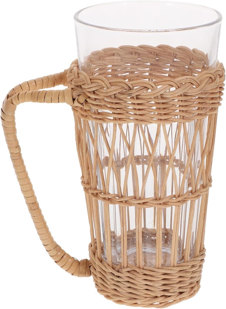 Garneck Rattan Glass Insulated Mug Glass Tea Cup Coffee Bar Accessory Cool Mugs Iced Coffee Cup