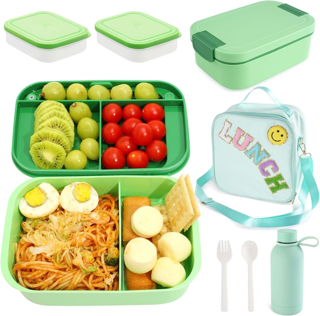 Bento Lunch Box Set for Kids - Green Nylon insulated Lunch Bag with 12oz Thermos, Leak-Proof Containers, Adjustable Strap, Birthday Gifts for Girls School Travel Picnic (Ages 3-15)