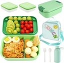 Bento Lunch Box Set for Kids - Green Nylon insulated Lunch Bag with 12oz Thermos, Leak-Proof Containers, Adjustable Strap, Birthday Gifts for Girls School Travel Picnic (Ages 3-15)
