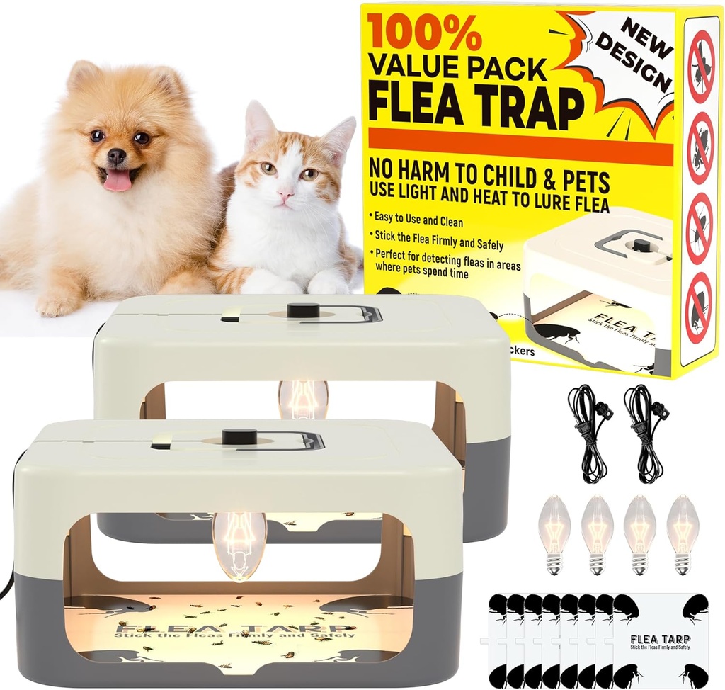 2 Pack Flea Traps for Inside Your Home, Flea Light Traps for Home Indoor with 4 Bulbs and 8 Sticky Discs, Bed Bug Trap Safe to Pets and Kids