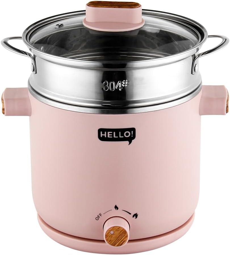 HELLO Electric Multi Cooking Pot 1.5L with Steamer, Portable Cooker for Ramen, Shabu-Shabu, Noodles, Soup, Frying | Stainless Steel, Pastel Pink