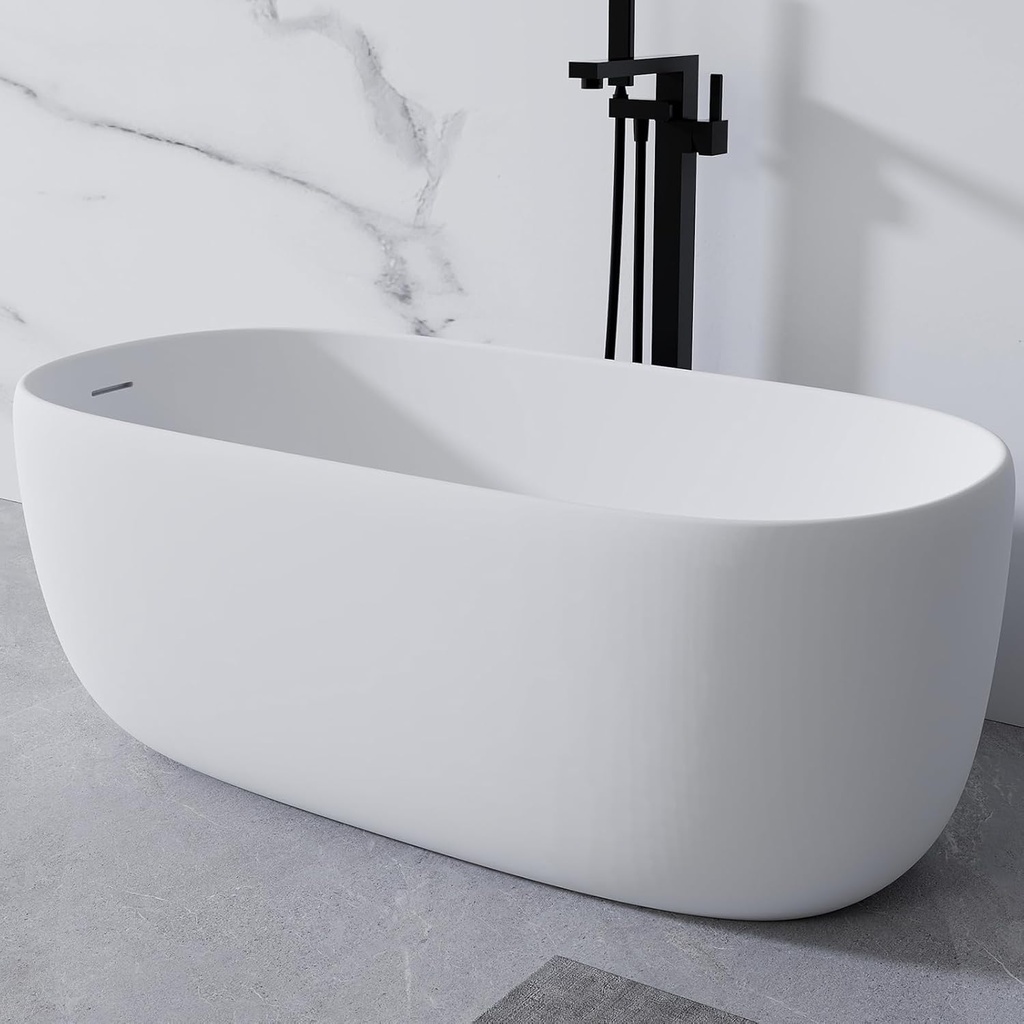 51" Bathtub Oval Resin Stone Soaking Tub Modern Freestanding Solid Surface Soaking Bath Tub with Overflow and Pop-Up Drain for Soaking Bathing, Matte White
