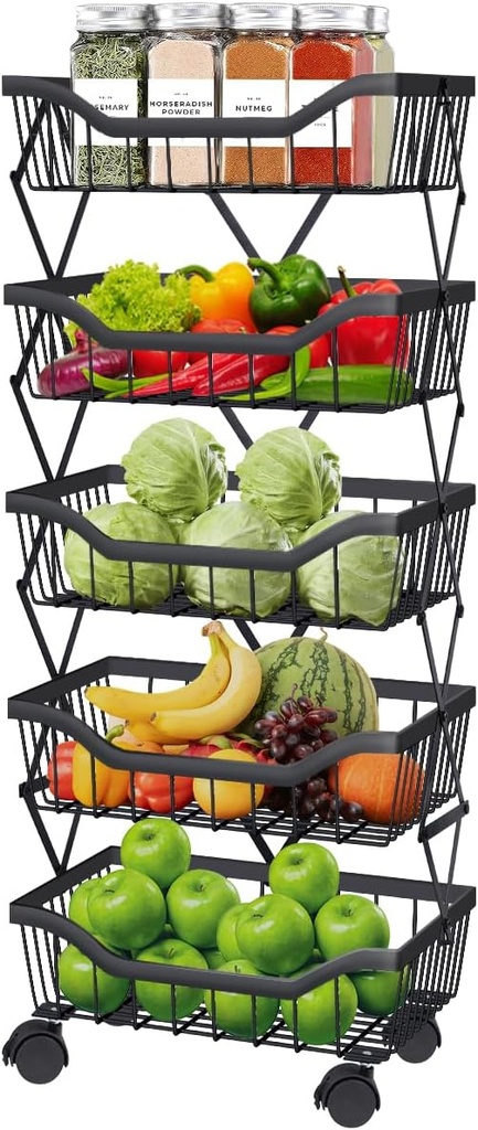 Fruit Vegetable Storage Basket 5 Tiers Stackable Metal Wire Fruit Basket Kitchen Cart with Wheels Vegetable Storage Holder for Onions Potatoes Bread Snack Veggie, Black