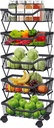 Fruit Vegetable Storage Basket 5 Tiers Stackable Metal Wire Fruit Basket Kitchen Cart with Wheels Vegetable Storage Holder for Onions Potatoes Bread Snack Veggie, Black