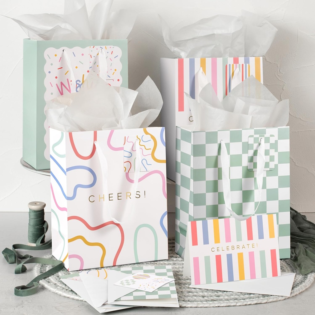 Beautiful Gift Bags Set of 4 - Medium Sized 9" Bags with Handles incl. Matching Tissue Paper, Cards & Small Stickers - Reusable & For Presents of Any Birthday, Weddings, Mothers Day & Other Occasion