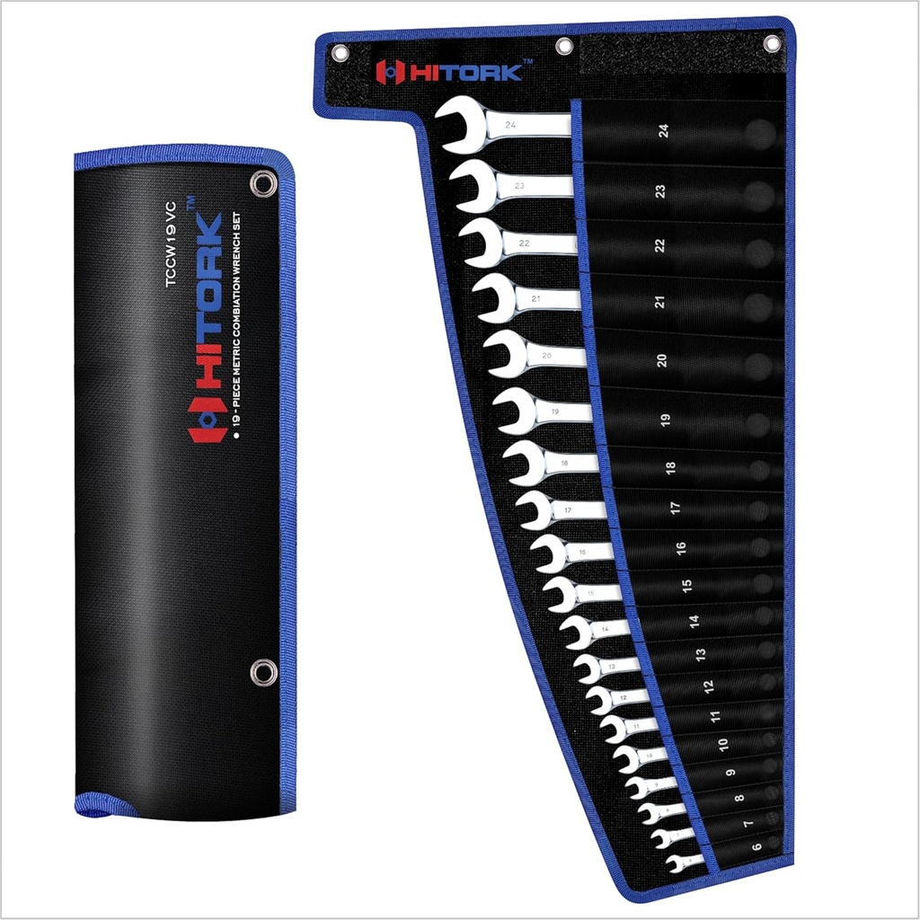 HITORK 19 Piece Metric Combination Wrench Set (6–24mm) Cr-V Steel Mirror Chrome Finish 12-Point Box End, 15° Offset, Roll-Up Pouch – Durable Open End Wrench Set for Home, Garage & Auto Repair