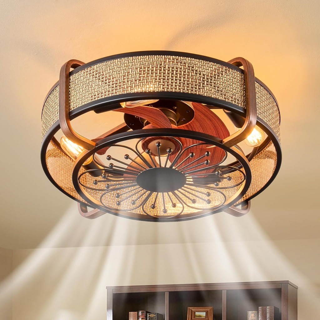18.9in Boho Ceiling Fan with Lights Flush Mount Fandelier Ceiling Light with Fan Rattan Farmhouse Ceiling Fan Caged Fan Lighting with Remote Reversible 6 Speeds Motor E26 Base
