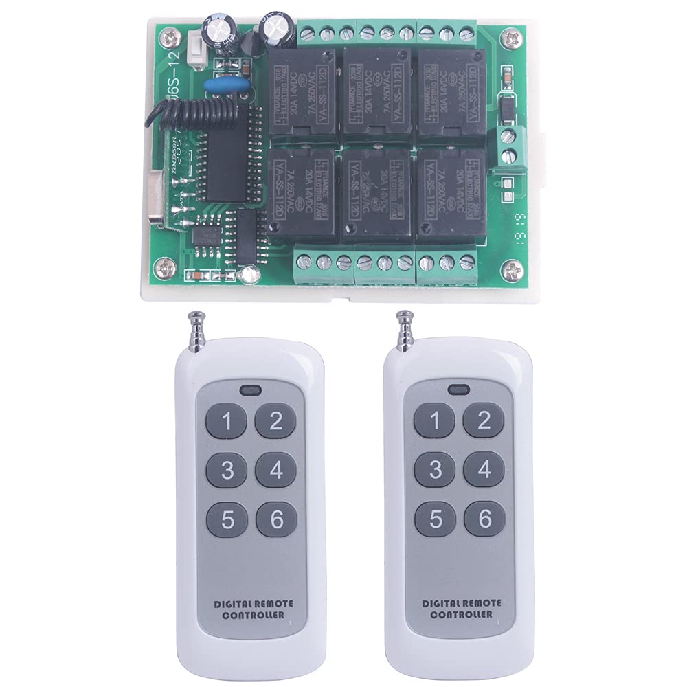 DC 12V 6 Channel Wireless Remote Control Switch 433MHz Transmitter and Receiver 6CH Remote Relay Switch 12V for Garage Door Window Light Motor ON Off (2X Control 433MHz)