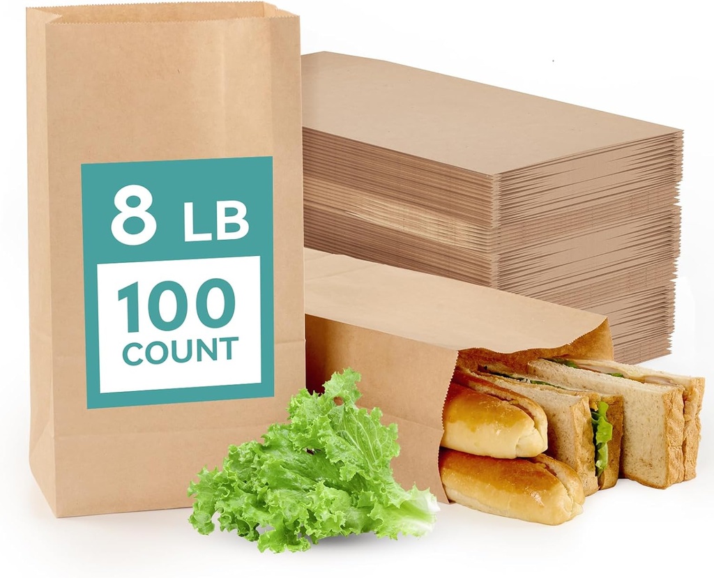 MUCHII 8 LB Paper Lunch Bags,100 Count Brown Paper Bags for Lunches, Snacks, Take Out and Small Items