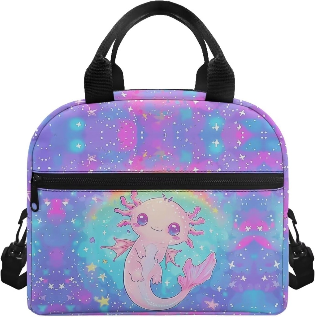 Showudesigns Rainbow Axolotl Lunch Bag for Women Galaxy Lunch Box Girls 6-8 8-10 10-12 Cooler Bag Reusable Lunch Tote Box With Front Pocket Thermal Meal Organizer Bento Box