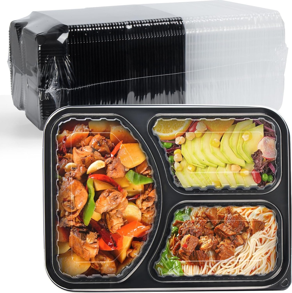 Take Out Containers 38 oz 40 Pack - Shrink Wrapped 3 Compartment Leakproof Catering | BPA Free PP Plastic Microwave & Freezer Safe | Flexible Reusable Commercial Black Lunch Boxes with Lid