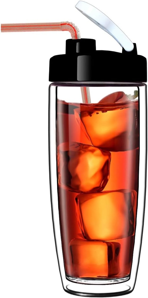 Sun's Tea Arco 16oz Vacuum Insulated Double Wall Glass Tumbler with Drink Hole Lid, Iced Tea or Hot Coffee, Water Bottle Travel Mug - Car Cupholder Friendly (Real Glass, Not Plastic)