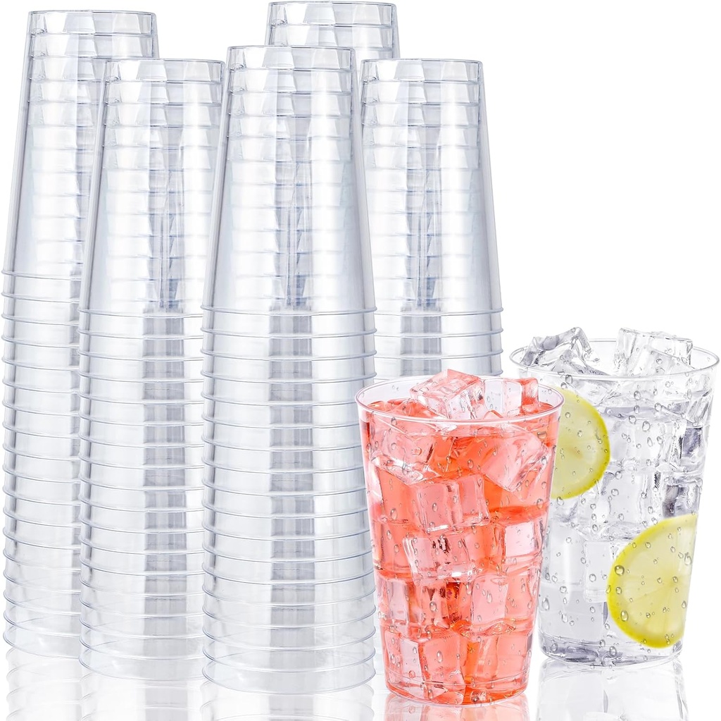 100 Pack Plastic Cups, 12 oz Clear Disposable Cups, Heavy-duty Party Glasses, Hard Plastic Party Cup Bulk, Disposable Wine Cup Cocktail Glasses for Weddings Birthday Christmas Parties