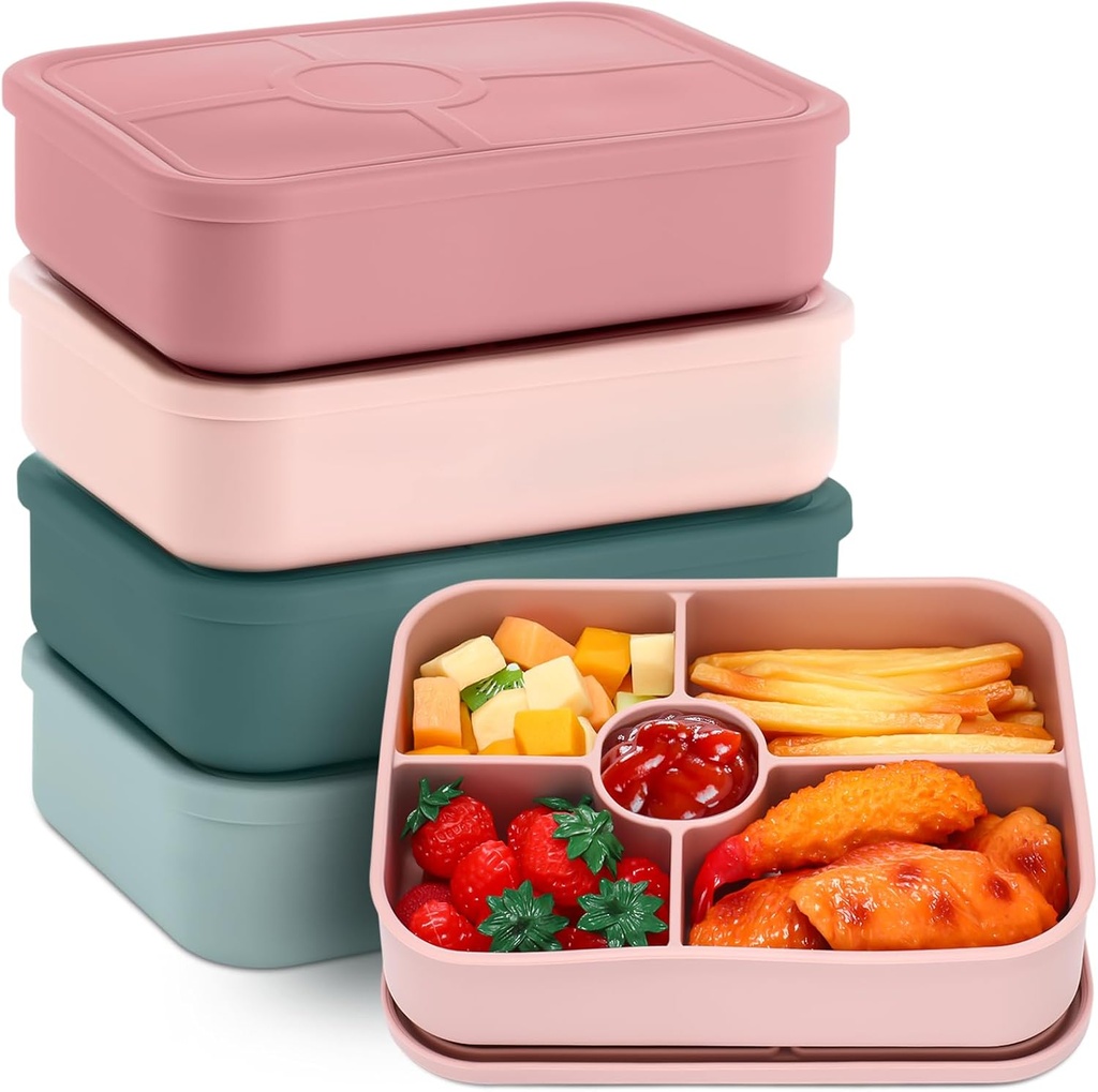 4 Pack Silicone Bento Boxes for Adults, 5 Compartment Reusable Lunch Containers with Sauce Section, Leakproof Meal Prep Snack Box Microwave & Dishwasher Safe for Work School Office(Pink Green Color)