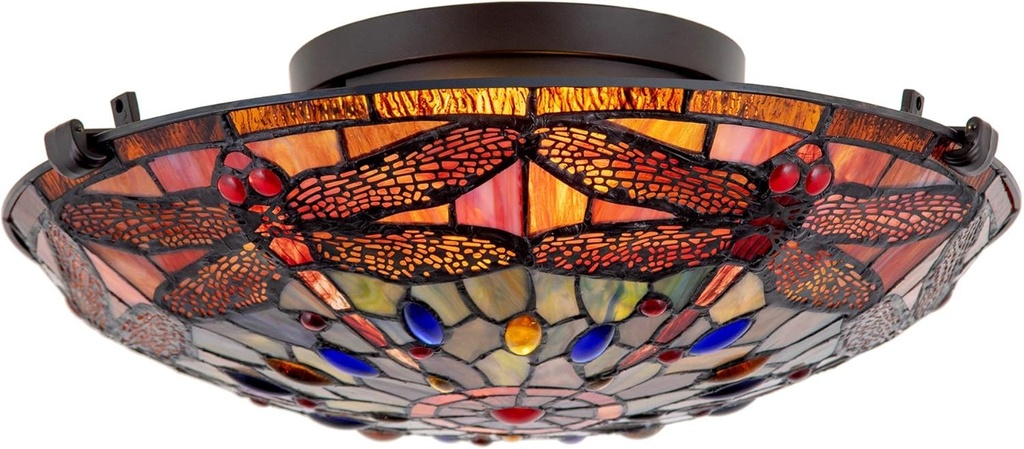 Kira Home Mateo 16" 2-Light Modern Dragonfly Tiffany Glass Flush Mount Ceiling Light, Black Finish