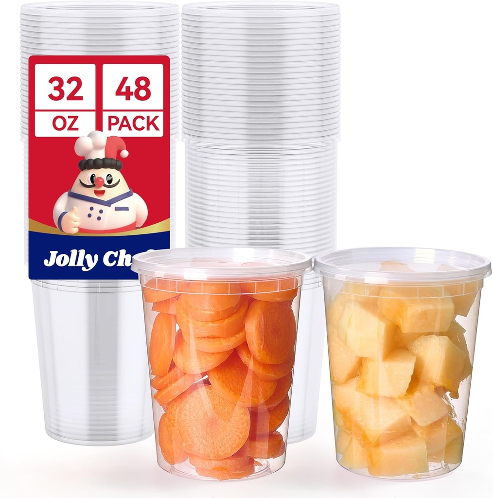JOLLY CHEF Deli Food Storage Containers with Lids 32 OZ 48 Set Food Storage Containers,Stackable | Leakproof | Microwave | Dishwasher | Freezer Safe
