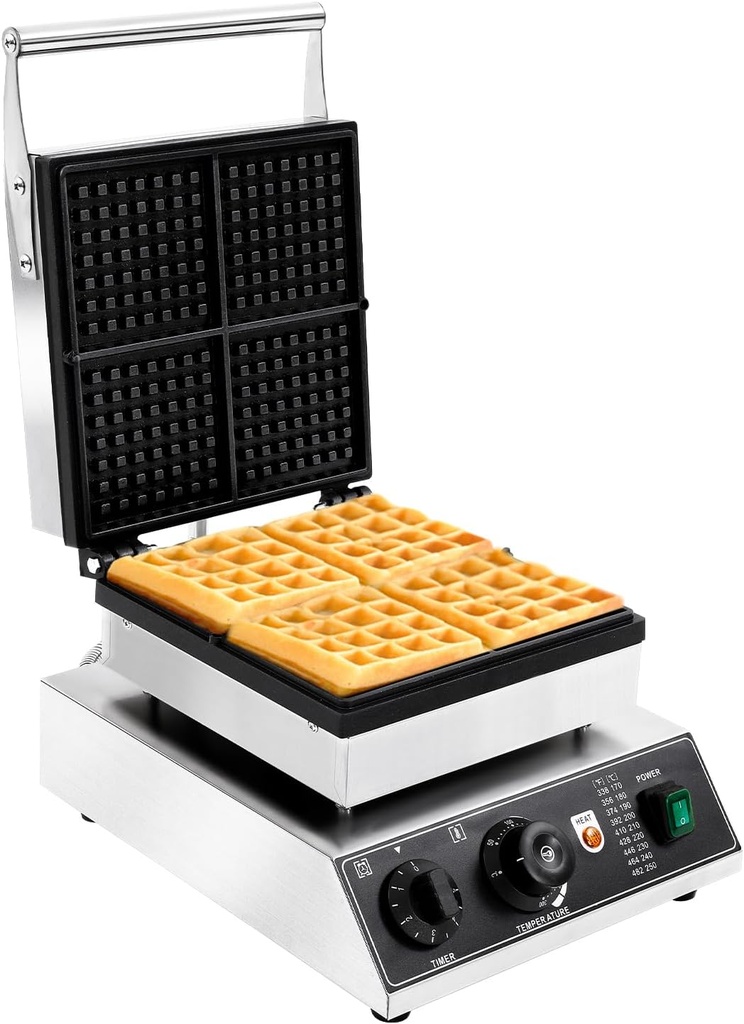 4 Square Commercial Waffle Maker,1750W Stainless Steel Waffle Iron with Adjustable Timer and Temperature Control for Restaurant Breakfast Food Truck