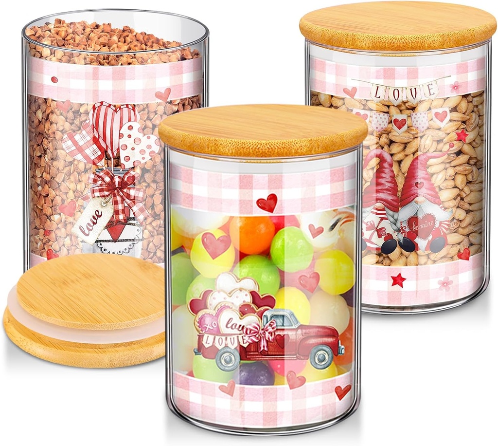 3 Pack Valentine's Day Glass Storage Jars with Airtight Bamboo Lid Sets Buffalo Plaid Kitchen Decoration Love Heart Gnomes Canisters for Valentine Decorations Storage and Organization