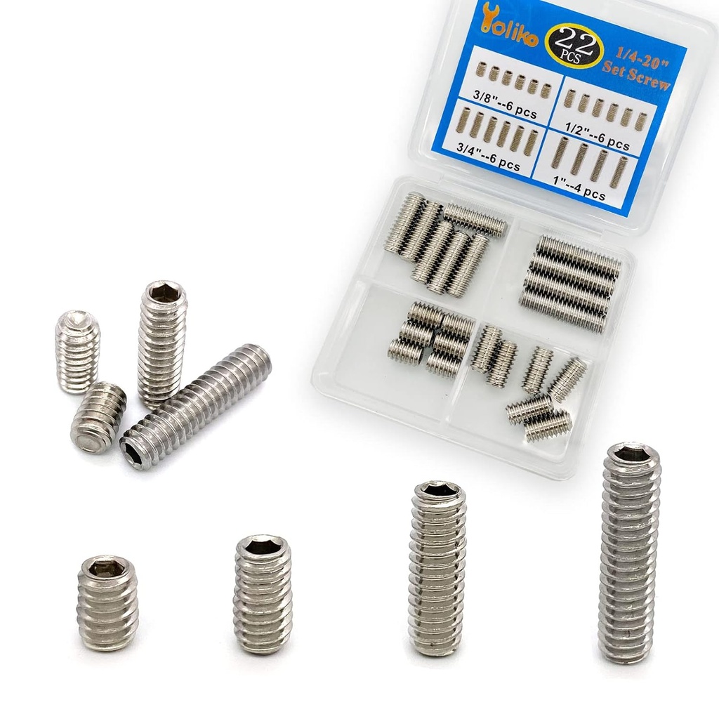 22pcs 1/4-20 Inch 4 Sizes Thread Hex Socket Set Screw Assortment kit – 304 Stainless Steel Full Thread Cup Point Grub Screws Set Screw for Bathroom Fixtures, Door Handles, Light Fixtures etc