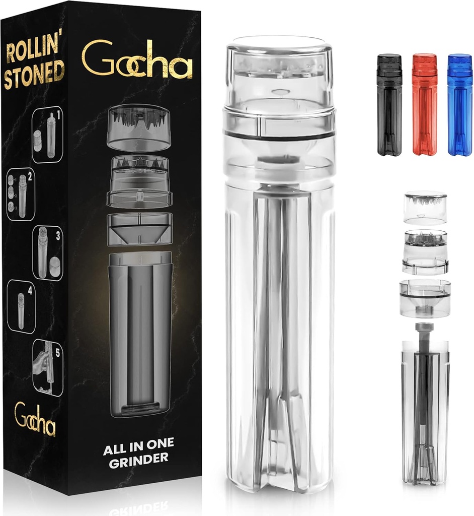 GOCHA | Premium Herb Grinder & Cone Loader | All-in-One Portable Filling Machine with Storage | For Pre-Rolled Cones (Transparet)