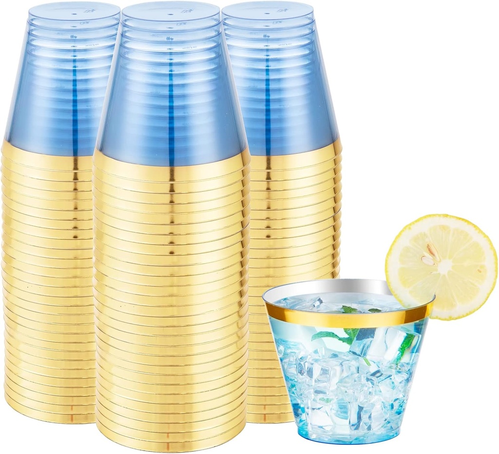 LUODA 150 PCS Blue Plastic Cups,9oz Clear Disposable Cups with Gold Rim, Old Fashioned Tumblers Gold Rimmed Plastic Cups for Any occasion: Weddings, Parties, Business Events