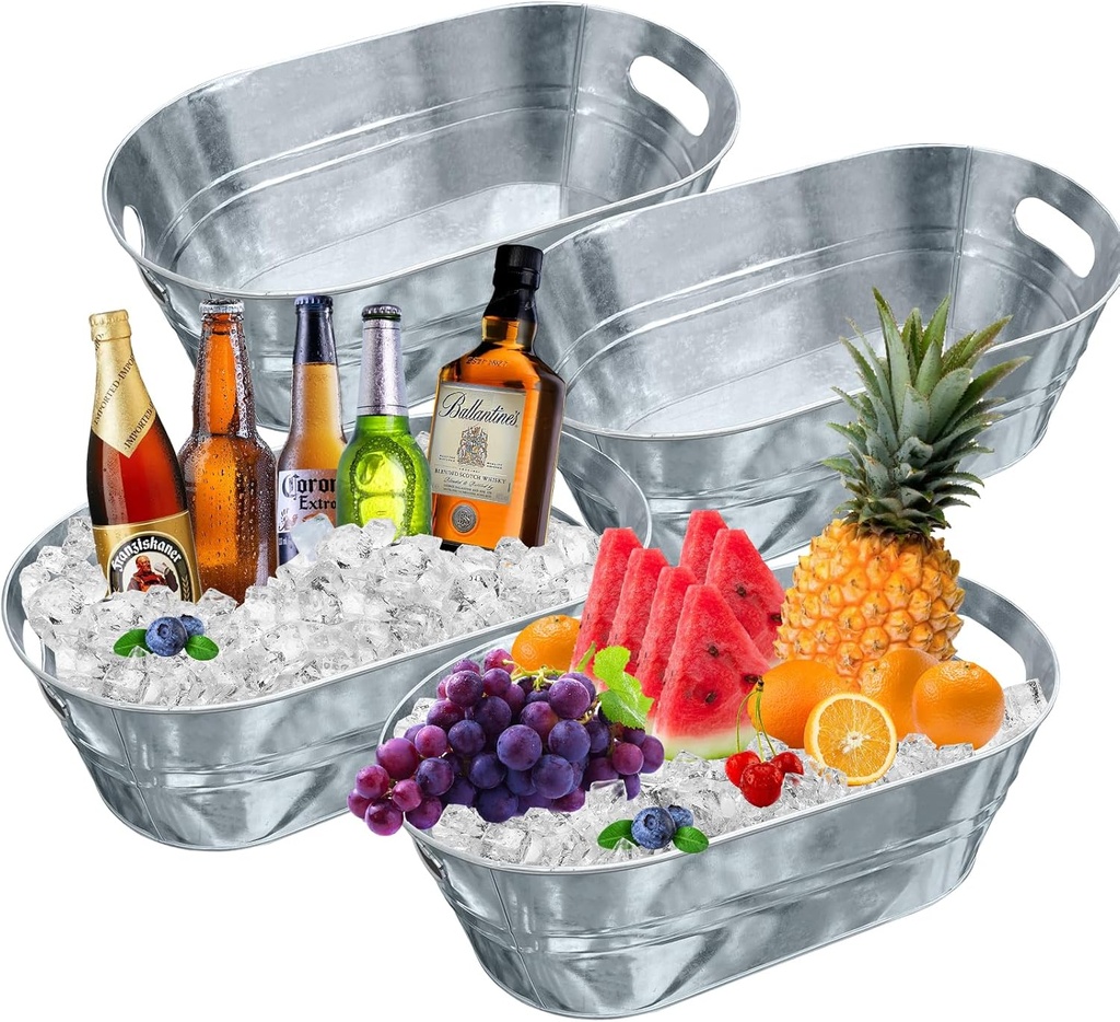 4 PCS 3 Gallon Galvanized Tub Champagne Bucket with Carry Beer Drink Storage Cooler Metal Beverage Ice Tub Galvanized Ice Buckets for Parties and Cocktail Bar Mimosa Supplies, 15.8 X 9 X 6.2 Inches