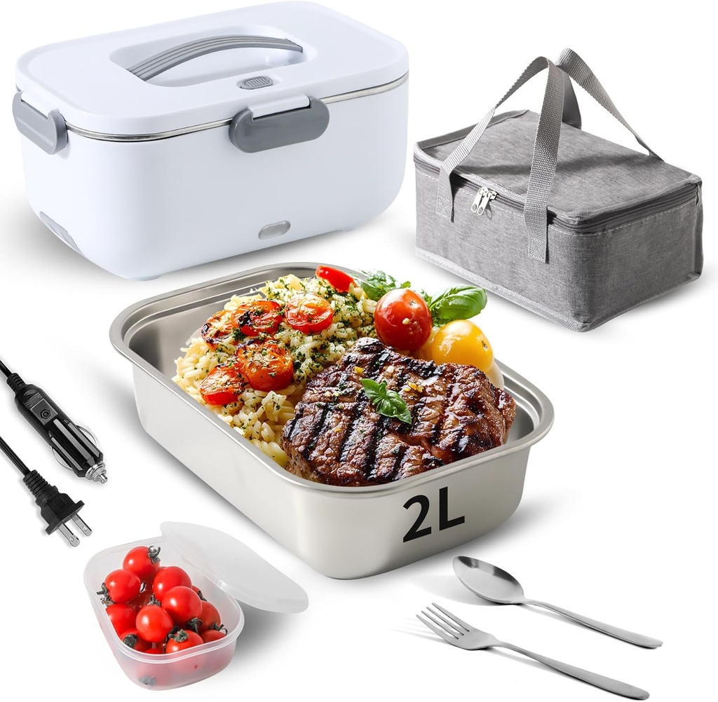 Meng Ke'en Electric Lunch Box 80W/2L Detachable Stainless Steel Container 12V/24V/110V Electric Lunch Box Portable Food Warmer (White Single Compartment)