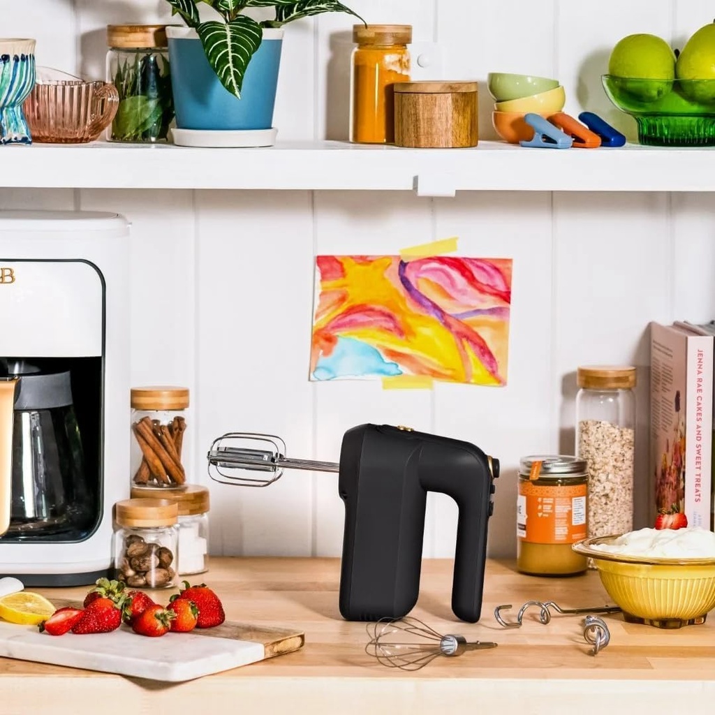 Beautiful One-touch 6-Speed Slide Control Electric Hand Mixer with Turbo Function and Storage Case - Lightweight, Dishwasher Safe Parts, Corded Electric, Long-Lasting Material (Black Sesame)