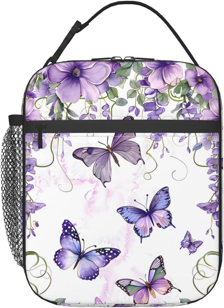 Butterfly Lunch Box for Women Girls,Purple Flower Insulated Bag for Student,Floral Reusable Thermal Insulation Cooler Tote Bags for School Work Picnic Camping Outdoor,Gifts