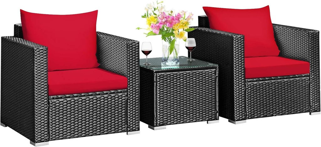 COSTWAY 3-Piece Outdoor Patio Furniture Set, Cushioned Armchairs and Tempered Glass Coffee Table, Wicker Rattan Sofa Set for Garden, Balcony, Backyard (Red)