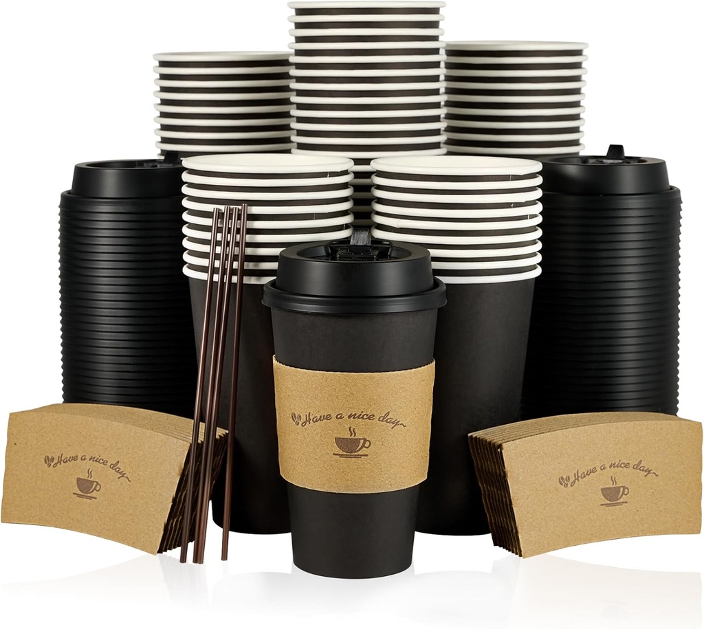 LITOPAK 100 Pack 16 oz Paper Coffee Cups with Lids, Black Disposable Coffee Cups with Lids, Sleeves and Stirring Sticks, for Parties, Picnic, Travel, and Events