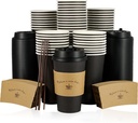 LITOPAK 100 Pack 16 oz Paper Coffee Cups with Lids, Black Disposable Coffee Cups with Lids, Sleeves and Stirring Sticks, for Parties, Picnic, Travel, and Events