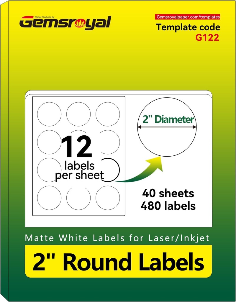 2 Inch Round Labels Printable,Matte White Printable Stickers,Circle Labels 2 inch for Printer,2" Blank Round Label Paper,40 Sheets,480 Circle Stickers,World Class Materials