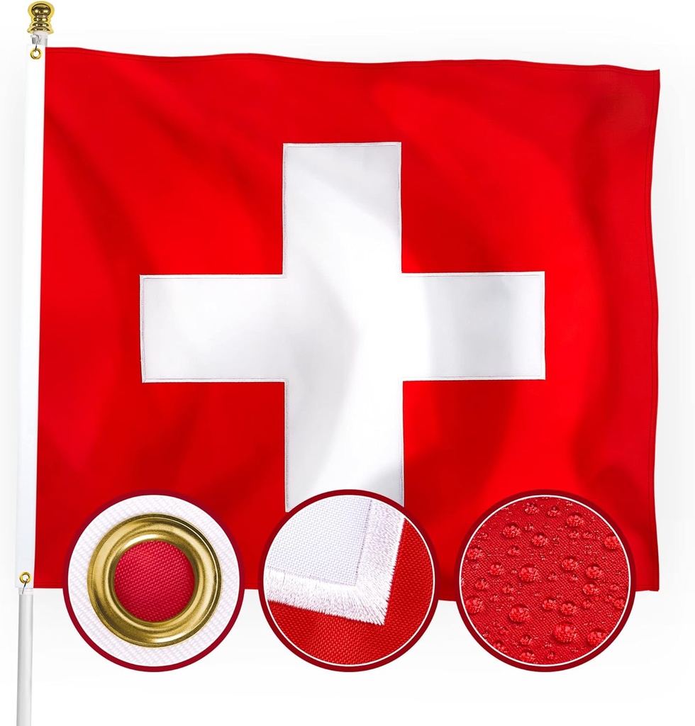 XIFAN Premium Switzerland Swiss Flag 3x3 Outdoor, Double Sided Embroidered Cross, Heavy Duty 210D Nylon Swiss National Country Flags, Longest Lasting with 4 Stitch Hemming/Brass Grommets