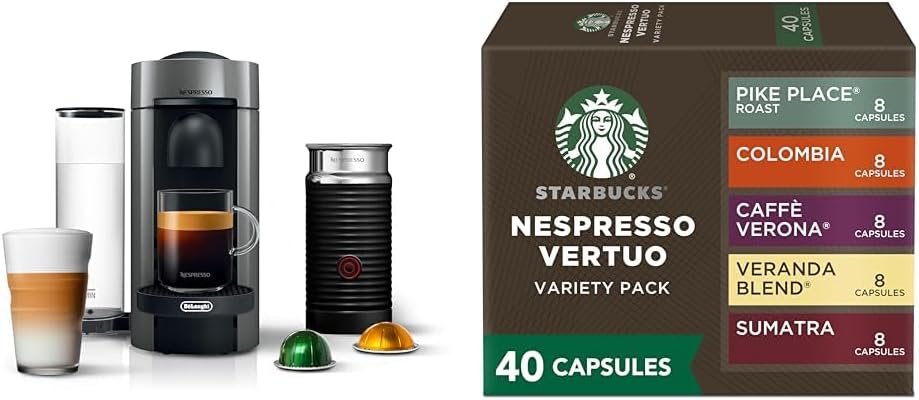 De'Longhi Nespresso Vertuo Plus Coffee and Espresso Maker, Grey with Aeroccino Milk Frother + Starbucks by Nespresso Capsules, Vertuo Line