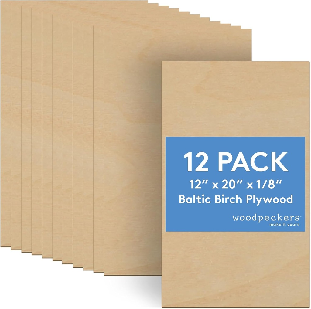 3 mm Baltic Birch Plywood 1/8 x 12 x 20 Inch, Box of 12 B/BB Grade Craft Wood, Stronger Than Basswood Sheets, for Laser, CNC Cutting and Wood Burning, by Woodpeckers